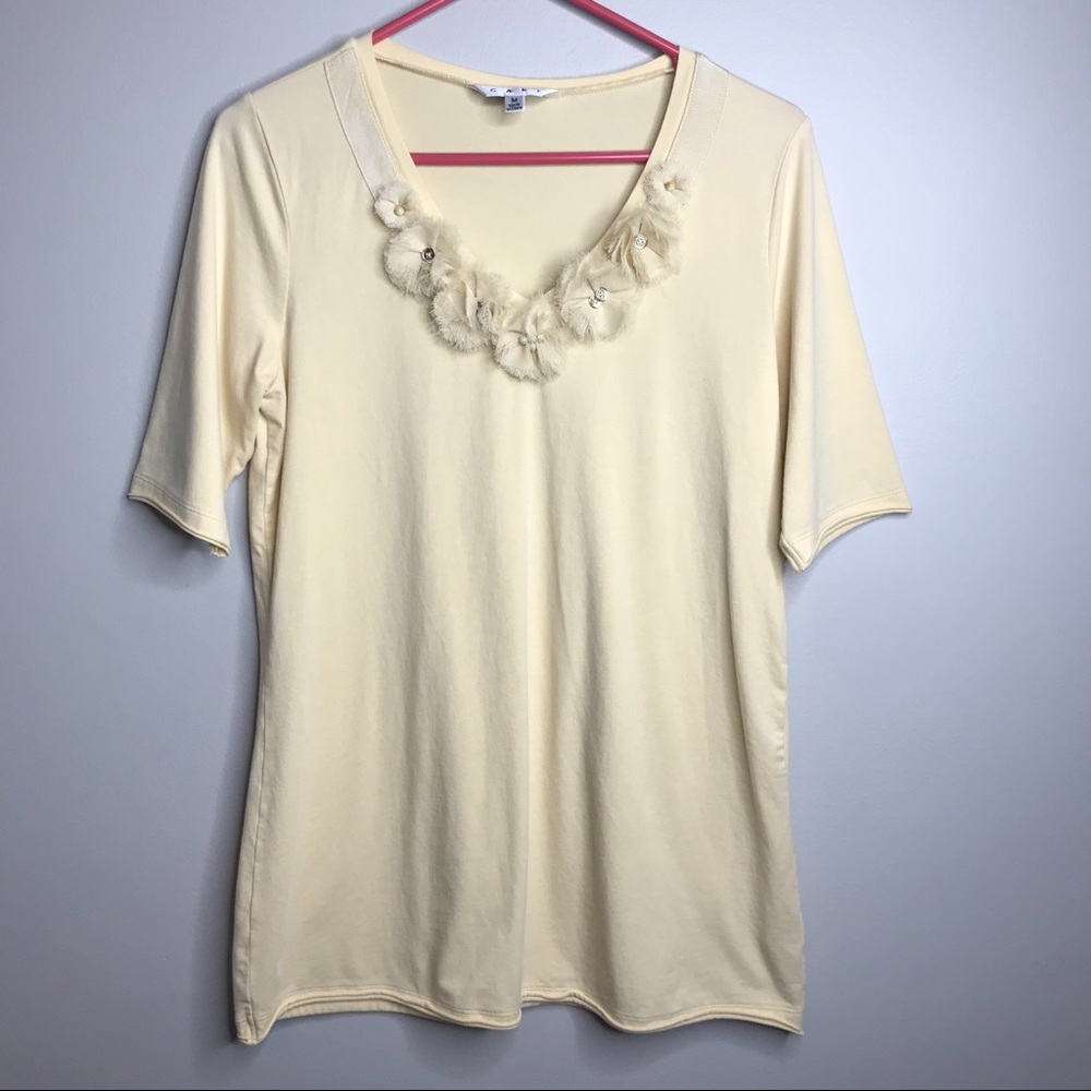 CAbi yellow blouse with flower embellishments